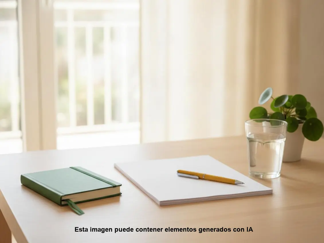 Prestación por desempleo: folios en blanco con un bolígrafo, una libreta verde y un vaso de agua sobre una mesa junto a la ventana