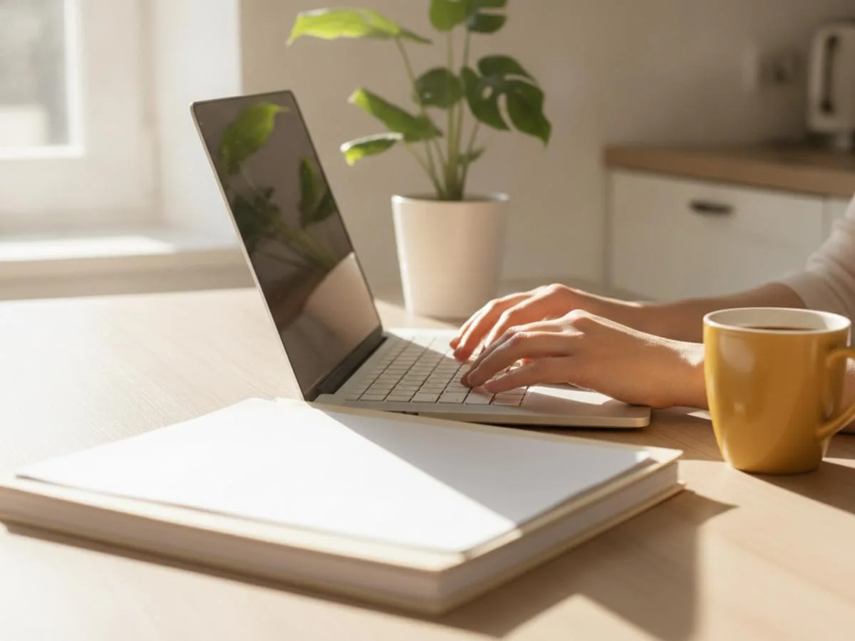 Persona en casa escribiendo en un portátil, a punto de solicitar el paro online