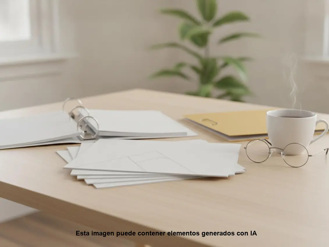 Mesa con papeles de la renta y una taza, para consultar los tramos del IRPF 2026